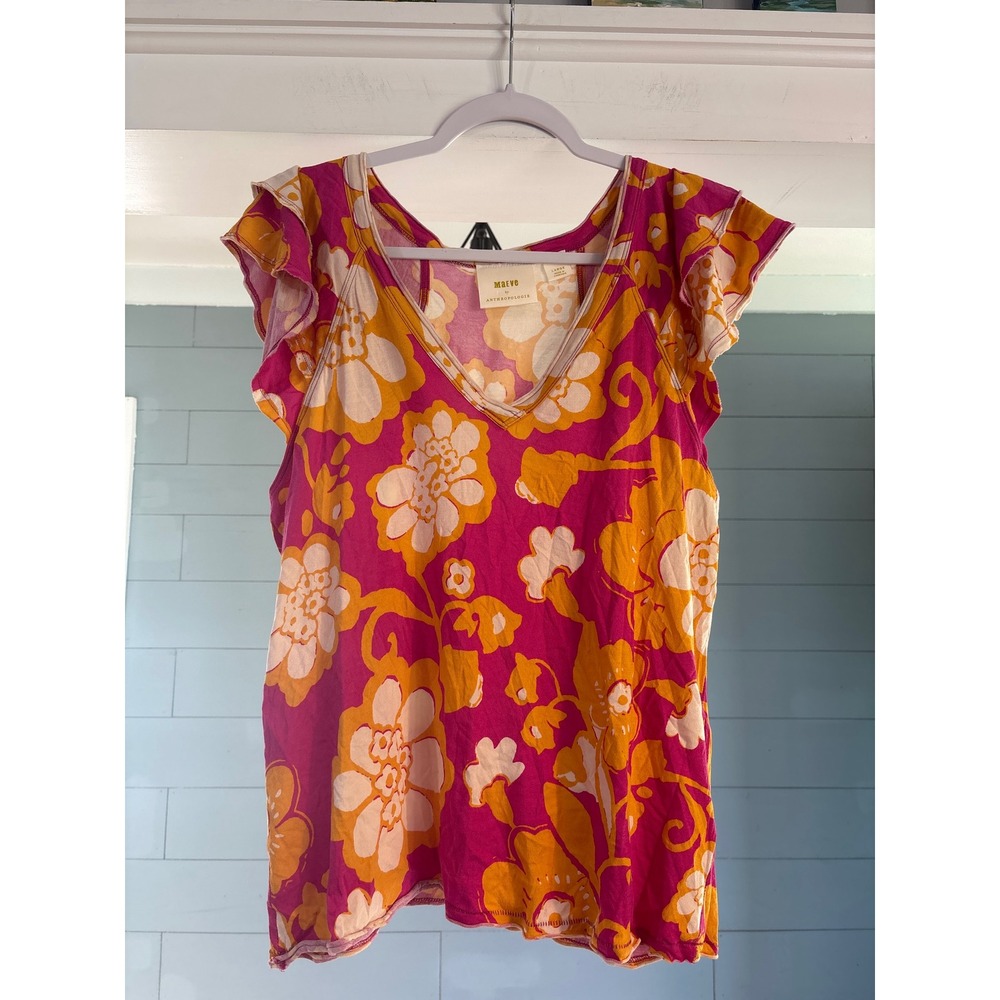 Maeve Anthropologie Pink Orange Floral Flutter Sleeve V-Neck Top Large OB1305044